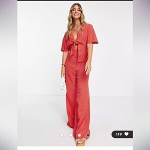 Mango Jumpsuit Medium Red Polka Dot Tie Front Wide Leg Short Sleeve